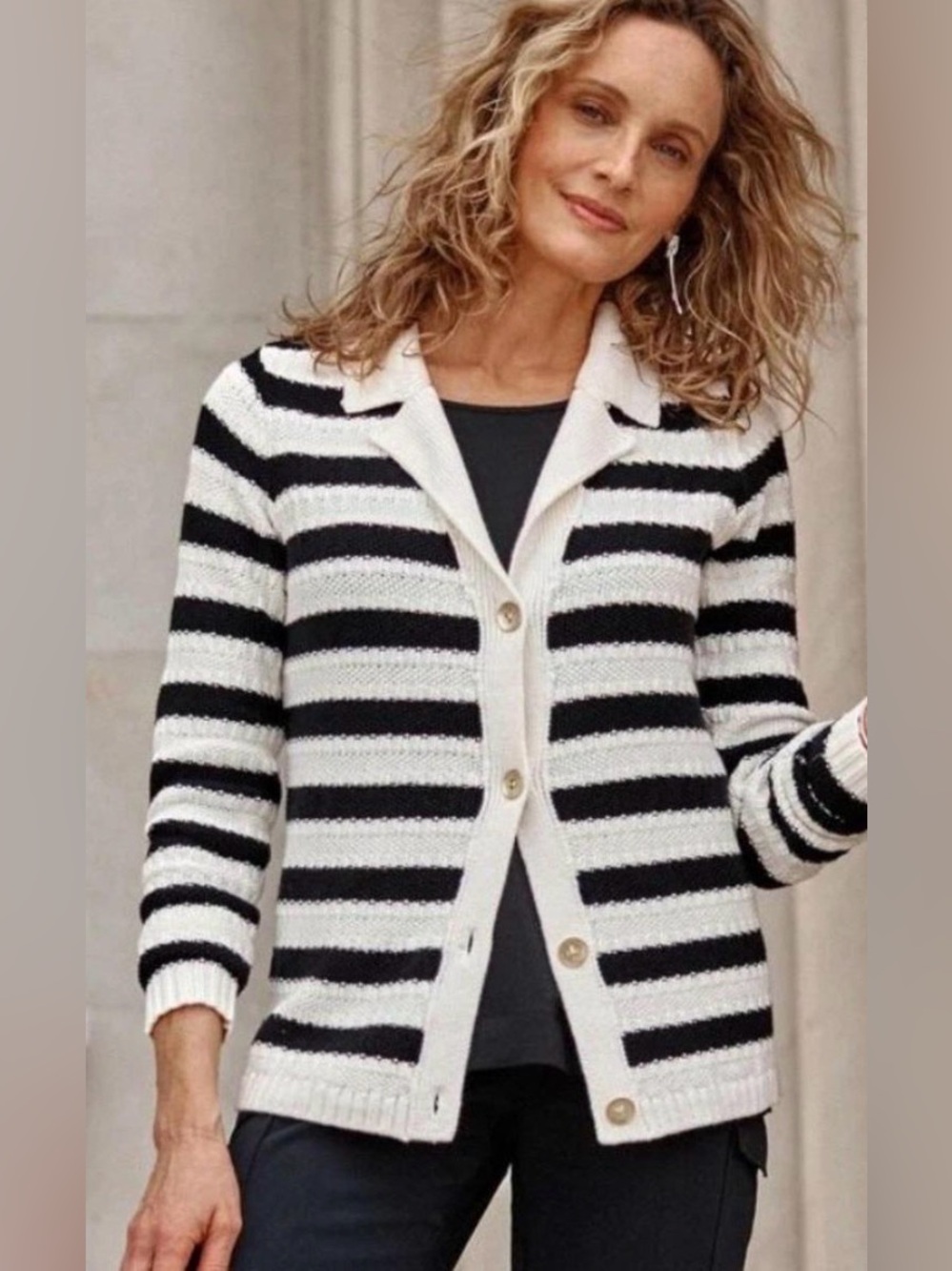 J.Jill striped cardigan sweater cotton blend black cream sz 3X sailor coastal